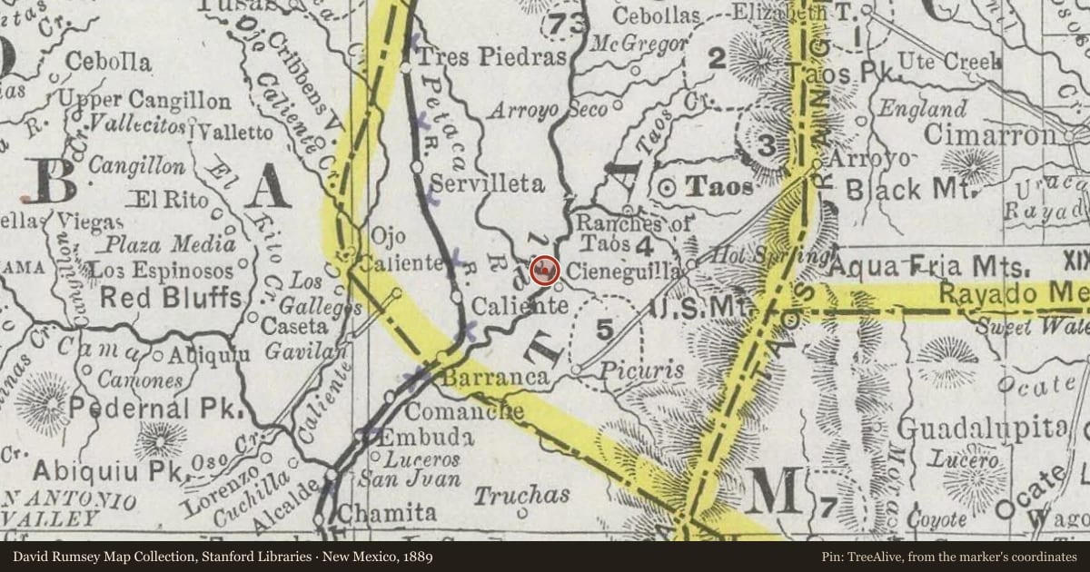 New Mexico, 1889, covering the location of Captive Women and Children of Taos County and María Rosa Villapando (ca. 1725–1830), with a pin at the marker's coordinates