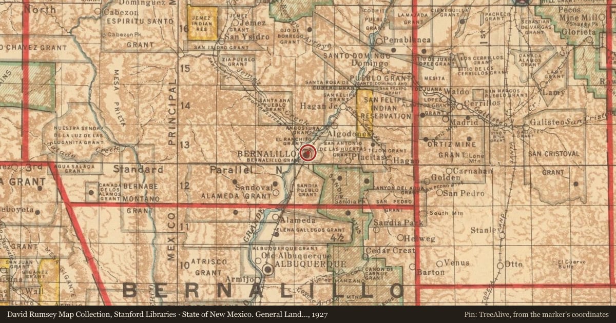 State of New Mexico. General Land Office, 1927, covering the location of Women Veterans of New Mexico, with a pin at the marker's coordinates