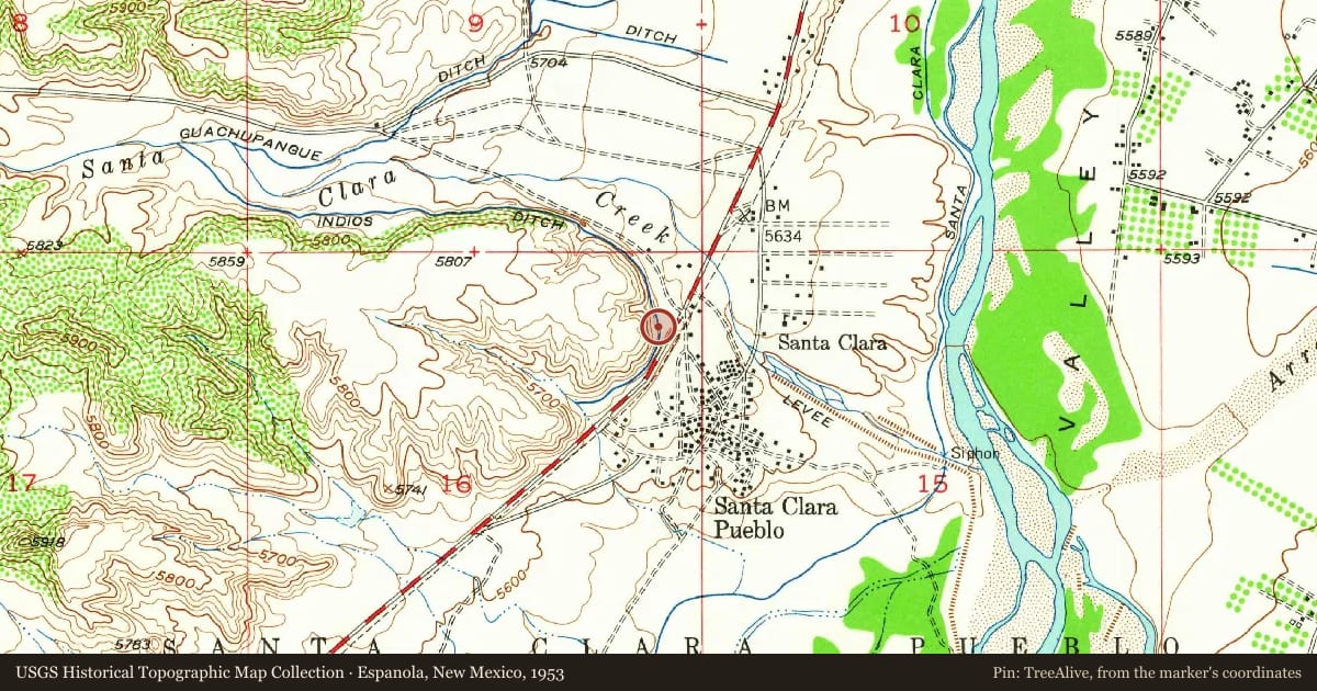 Espanola, New Mexico, 1953, covering the location of Pablita Velarde, Tse Tsan, "Golden Dawn" (1918–2006), with a pin at the marker's coordinates