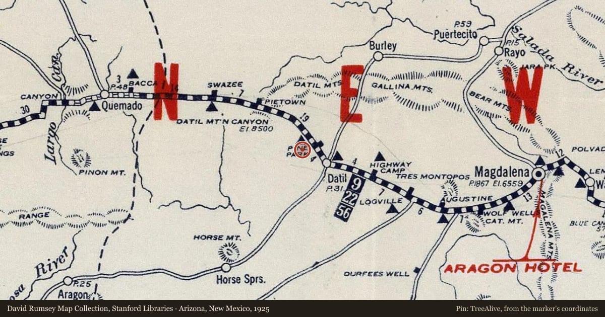 Arizona, New Mexico, 1925, covering the location of Ada McPherson Morley (1852–1917) and Agnes Morley Cleaveland, (1874–1958), with a pin at the marker's coordinates