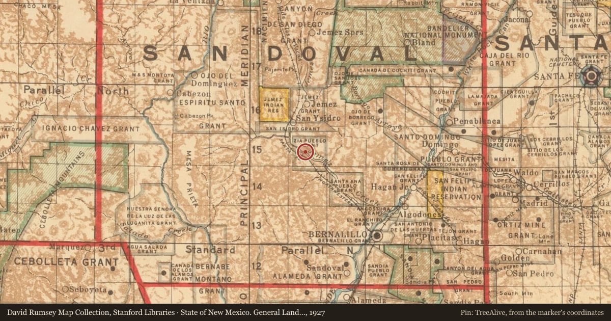 State of New Mexico. General Land Office, 1927, covering the location of Trinidad Gachupin Medina (ca. 1883–1964), Zía Pueblo, with a pin at the marker's coordinates