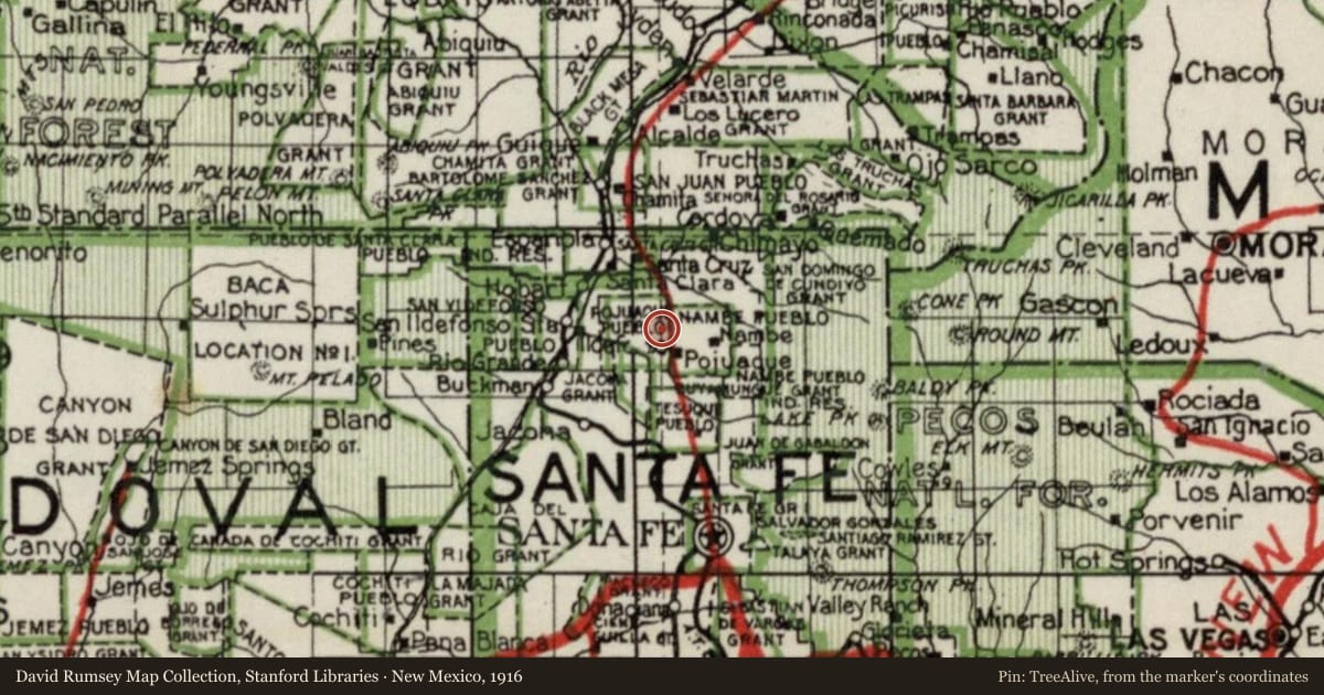 New Mexico, 1916, covering the location of Feliciana Viarrial (1904–1988), Pojoaque, with a pin at the marker's coordinates