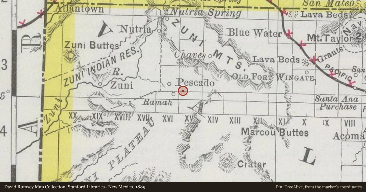New Mexico, 1889, covering the location of Matilda Coxe Stevenson (1849–1915), with a pin at the marker's coordinates