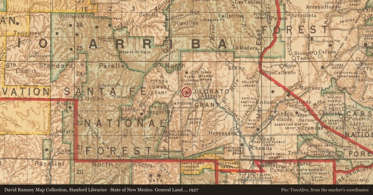 State of New Mexico. General Land Office, 1927, covering the location of Georgia O’Keeffe (1887–1986), with a pin at the marker's coordinates