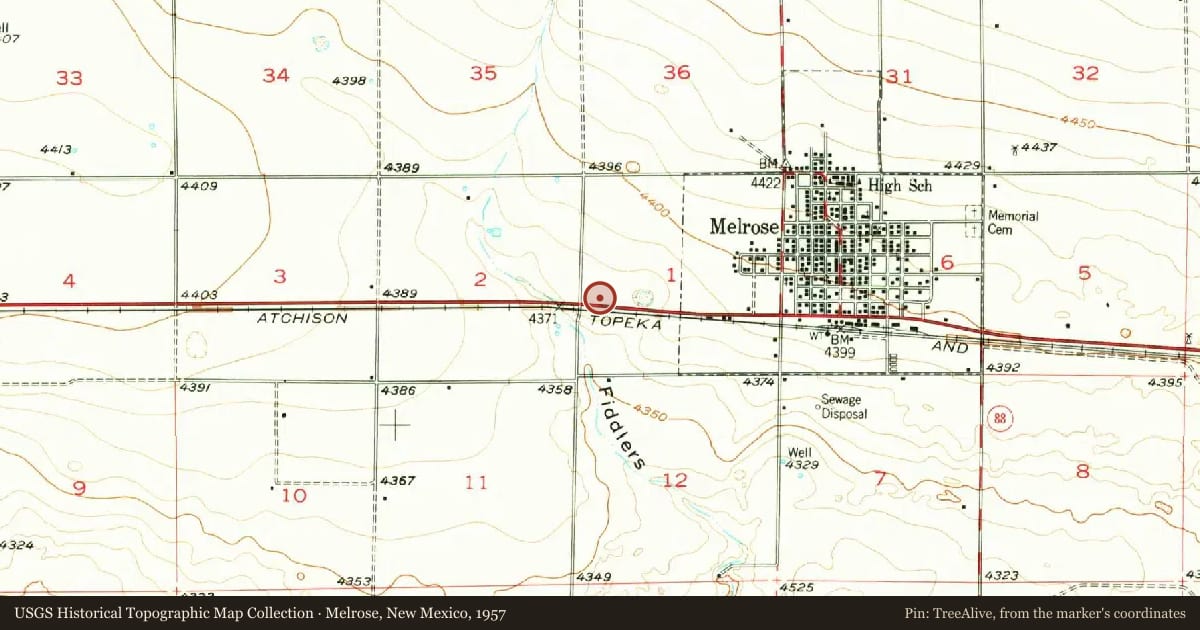 Melrose, New Mexico, 1957, covering the location of Estella García and Women of the WPA, Fabric Artists, with a pin at the marker's coordinates