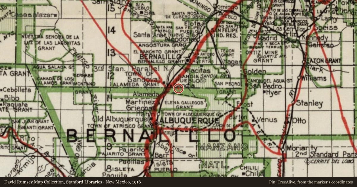 New Mexico, 1916, covering the location of Doña Dolores “Lola” Chávez de Armijo (1858–1929), with a pin at the marker's coordinates