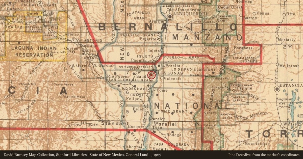 State of New Mexico. General Land Office, 1927, covering the location of Nina Otero-Warren (1881–1965), with a pin at the marker's coordinates