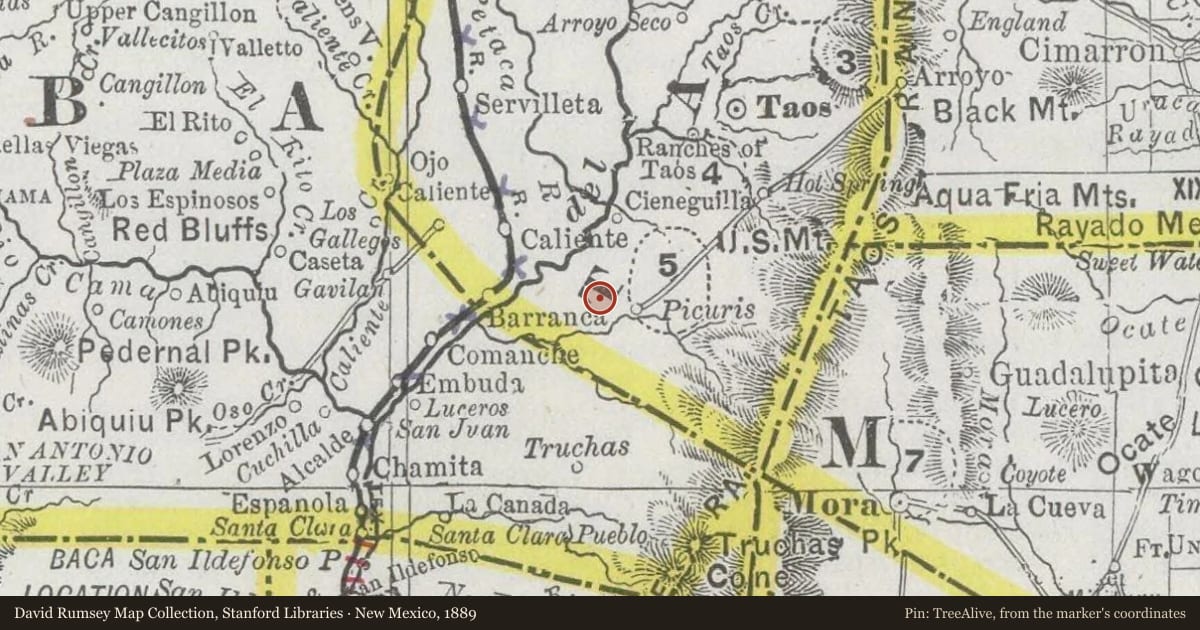 New Mexico, 1889, covering the location of Maria Ramita Simbola Martinez “Summer Harvest” (1884–1969), Cora Durand (1904–1981), and Virginia Duran (1904–1998), Picuris Pueblo, with a pin at the marker's coordinates