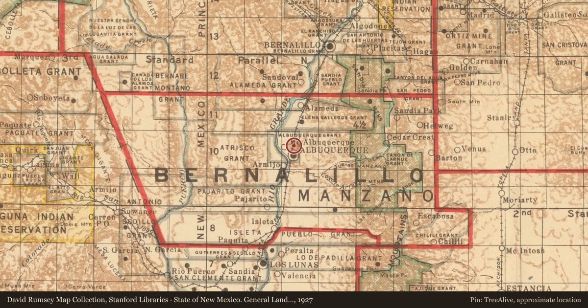 State of New Mexico. General Land Office, 1927, covering the location of Albuquerque Petroglyphs, with a pin at the marker's coordinates