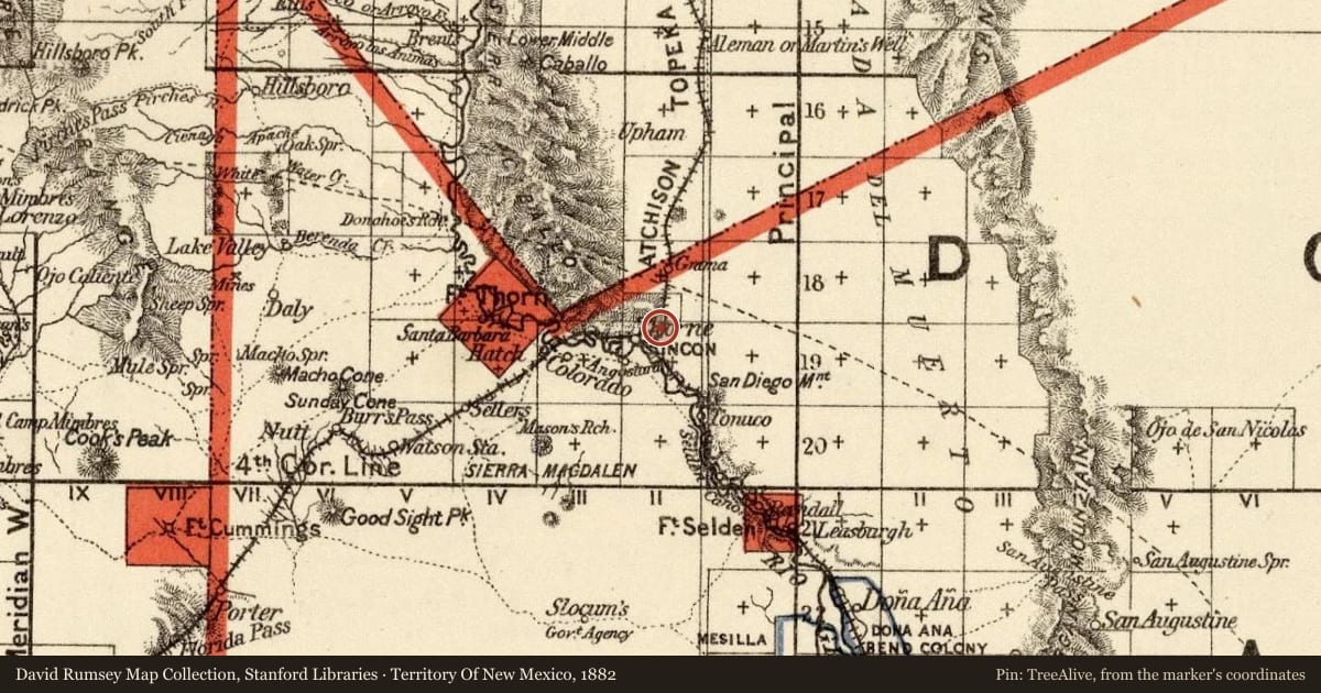 Territory Of New Mexico, 1882, covering the location of Rincon, with a pin at the marker's coordinates