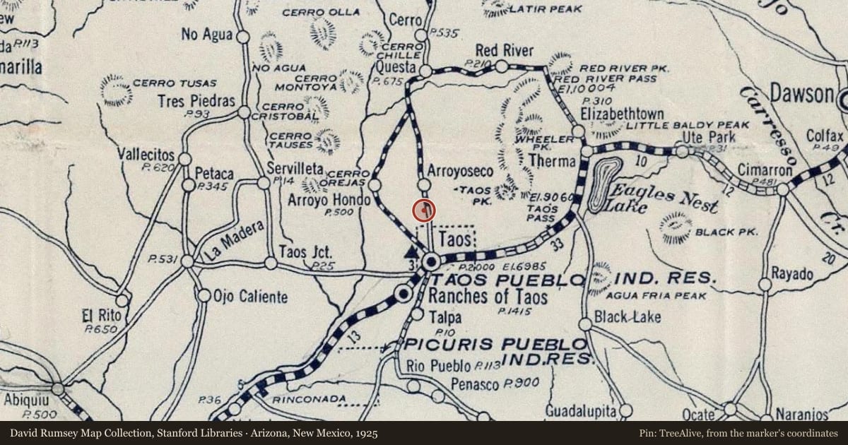 Arizona, New Mexico, 1925, covering the location of Virginia T. Romero (1896–1998), Taos Pueblo, with a pin at the marker's coordinates