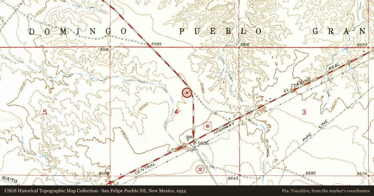 San Felipe Pueblo NE, New Mexico, 1954, covering the location of Kewa Women’s Co-op, Santo Domingo Pueblo, with a pin at the marker's coordinates