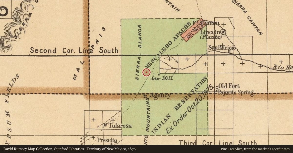Territory of New Mexico, 1876, covering the location of Lozen, Little Sister, “A Shield to Her People” (ca. 1840–1889), with a pin at the marker's coordinates