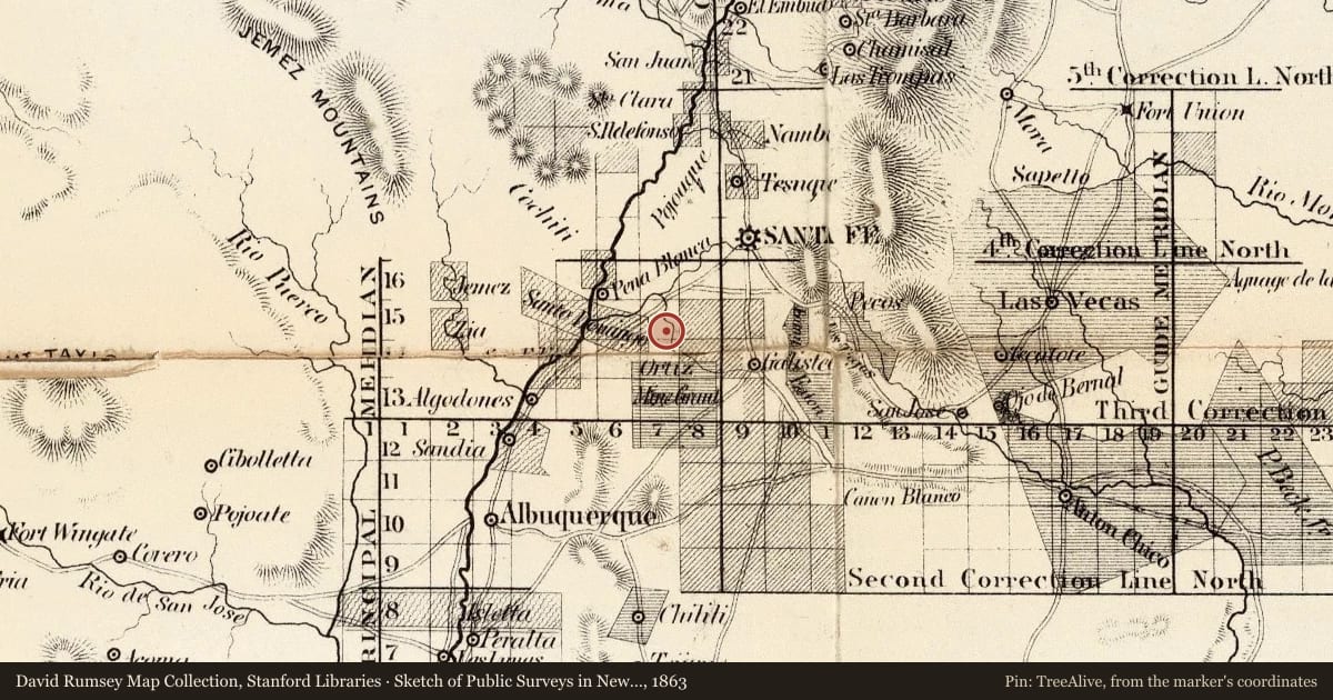 Sketch of Public Surveys in New Mexico 1863, 1863, covering the location of Sisters of Charity, with a pin at the marker's coordinates