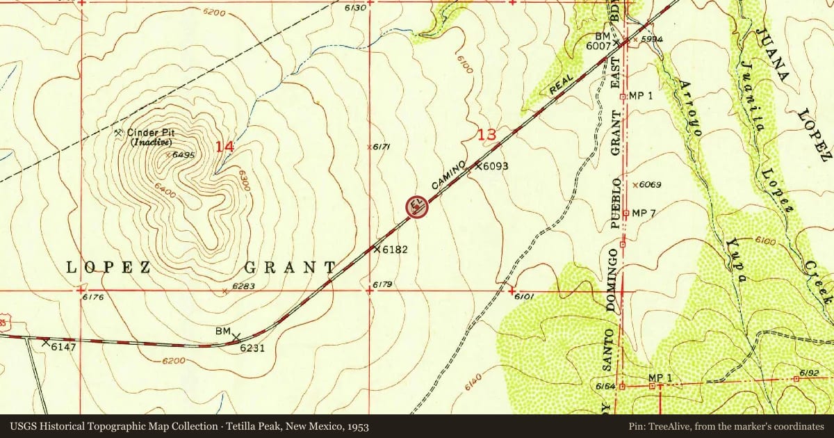 Tetilla Peak, New Mexico, 1953, covering the location of Three Wise Women: Eva Scott Fenyes (1849–1930), Leonora Scott Muse Curtin (1879–1972), Leonora Curtin Paloheimo (1903–1999), with a pin at the marker's coordinates