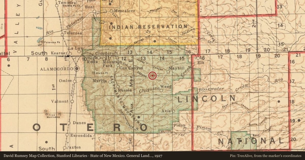 State of New Mexico. General Land Office, 1927, covering the location of Mary White (1894–1988), with a pin at the marker's coordinates