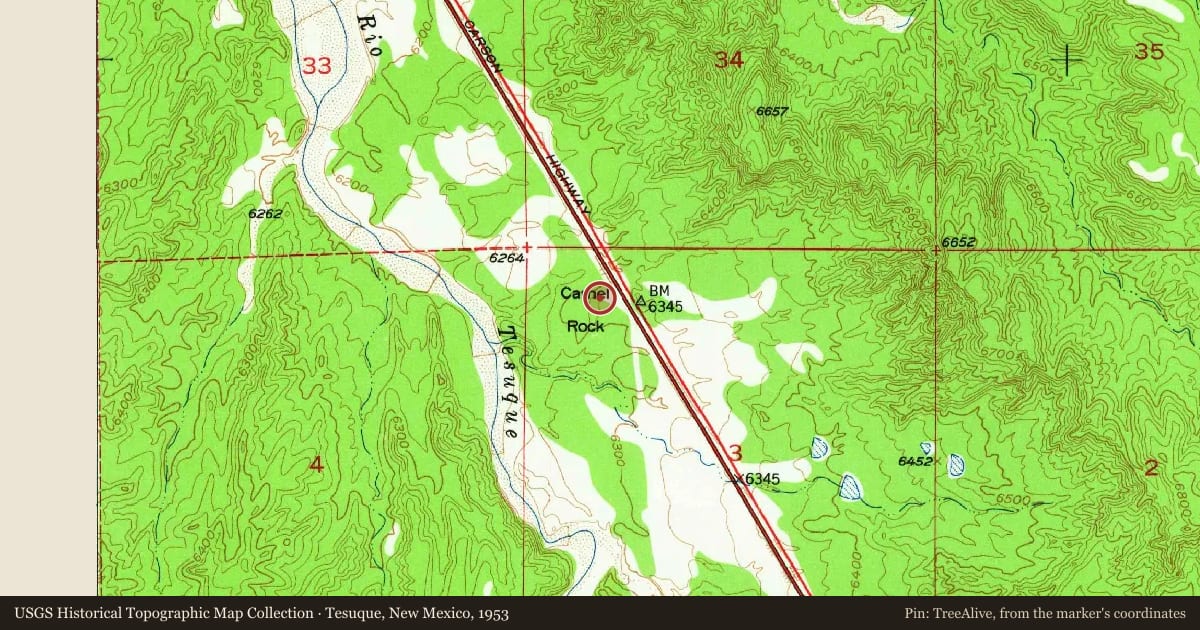Tesuque, New Mexico, 1953, covering the location of Tesuque Rain Gods, with a pin at the marker's coordinates