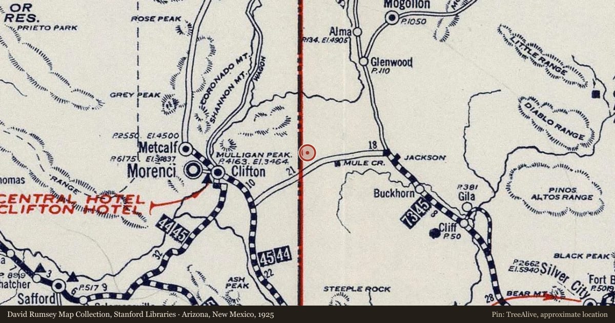 Arizona, New Mexico, 1925, covering the location of A.M. Curley Trainer Memorial Highway, with a pin at the marker's coordinates