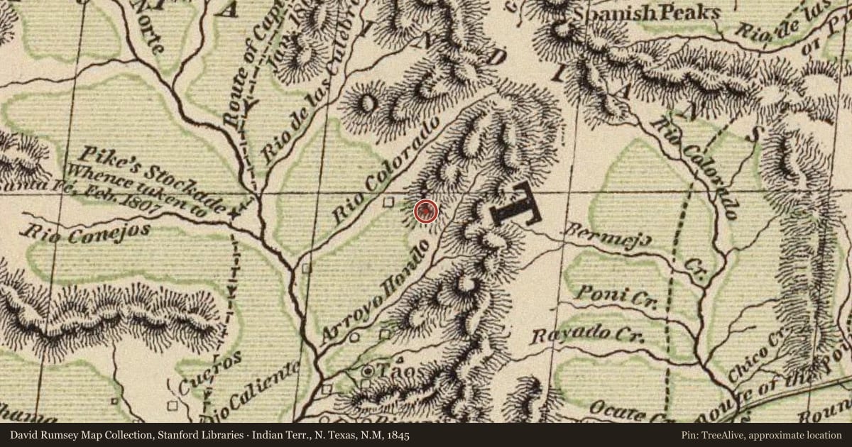 Indian Terr., N. Texas, N.M, 1845, covering the location of La Plaza de Arriba (NOTE: never built), with a pin at the marker's coordinates