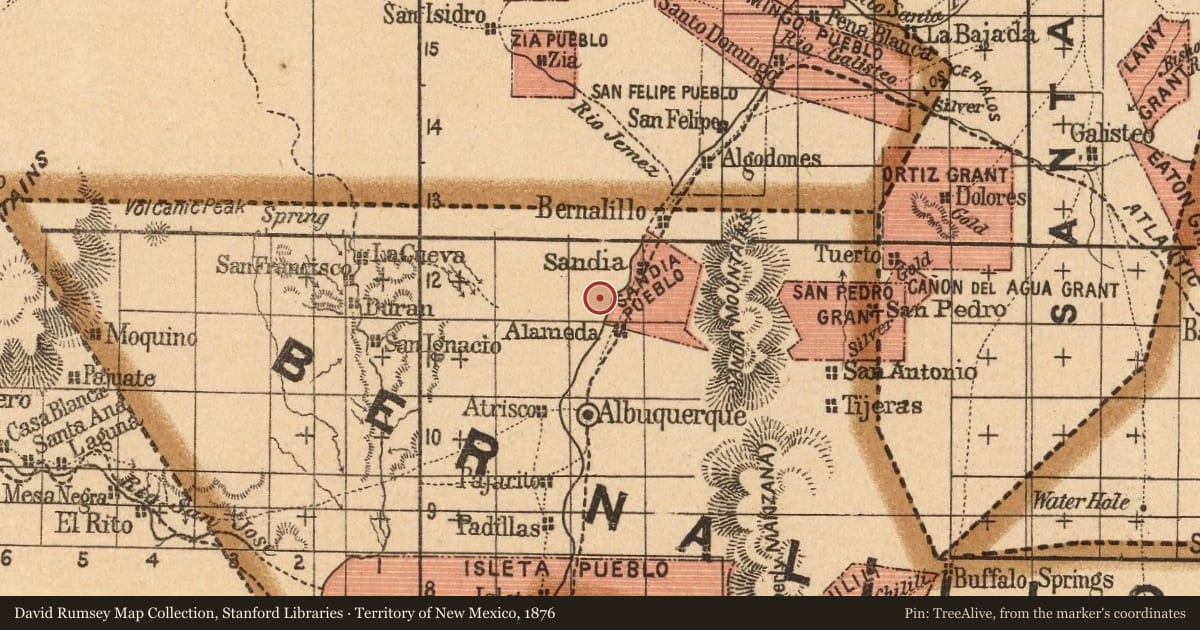 Territory of New Mexico, 1876, covering the location of Iglesia De San Ysidro, with a pin at the marker's coordinates