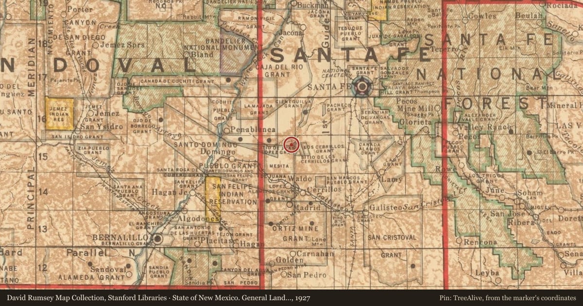 State of New Mexico. General Land Office, 1927, covering the location of Laura Gilpin (1891–1979), with a pin at the marker's coordinates