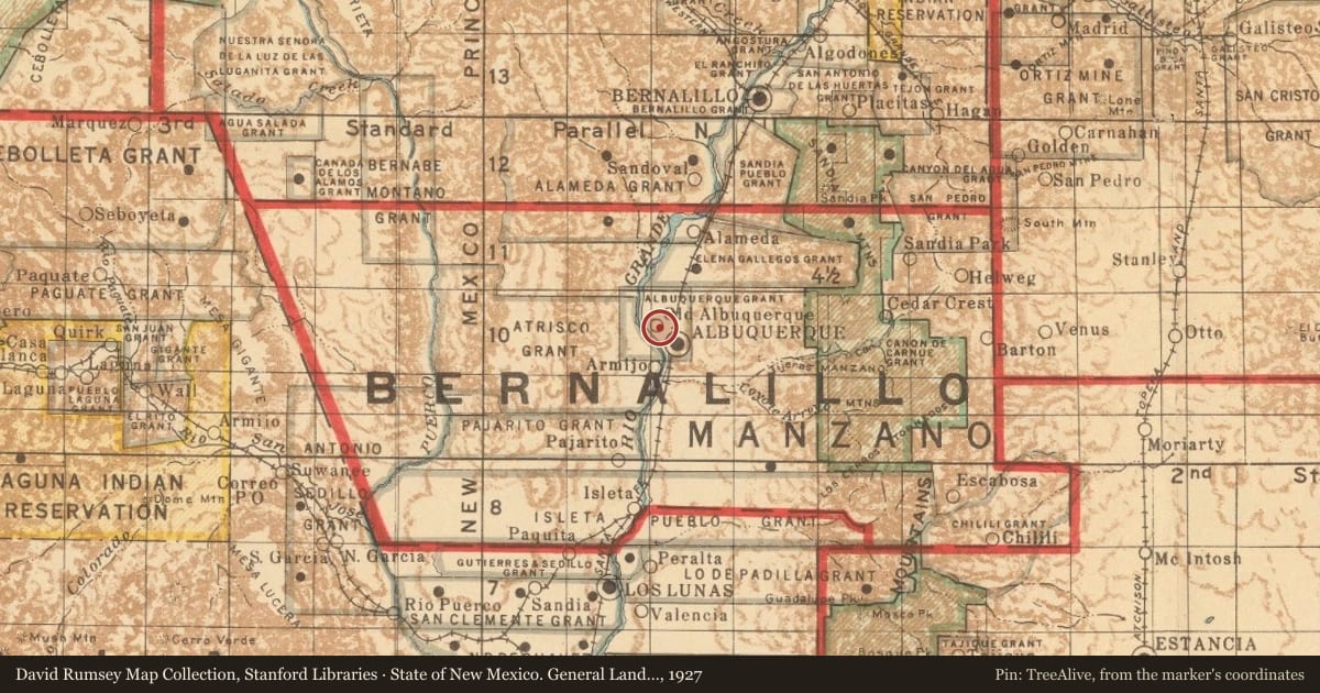 State of New Mexico. General Land Office, 1927, covering the location of María Dolores Gonzáles, "La Doctora" (1917–1975), with a pin at the marker's coordinates