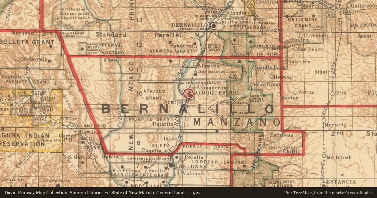 State of New Mexico. General Land Office, 1927, covering the location of Graciela Olivárez (1928–1987), with a pin at the marker's coordinates