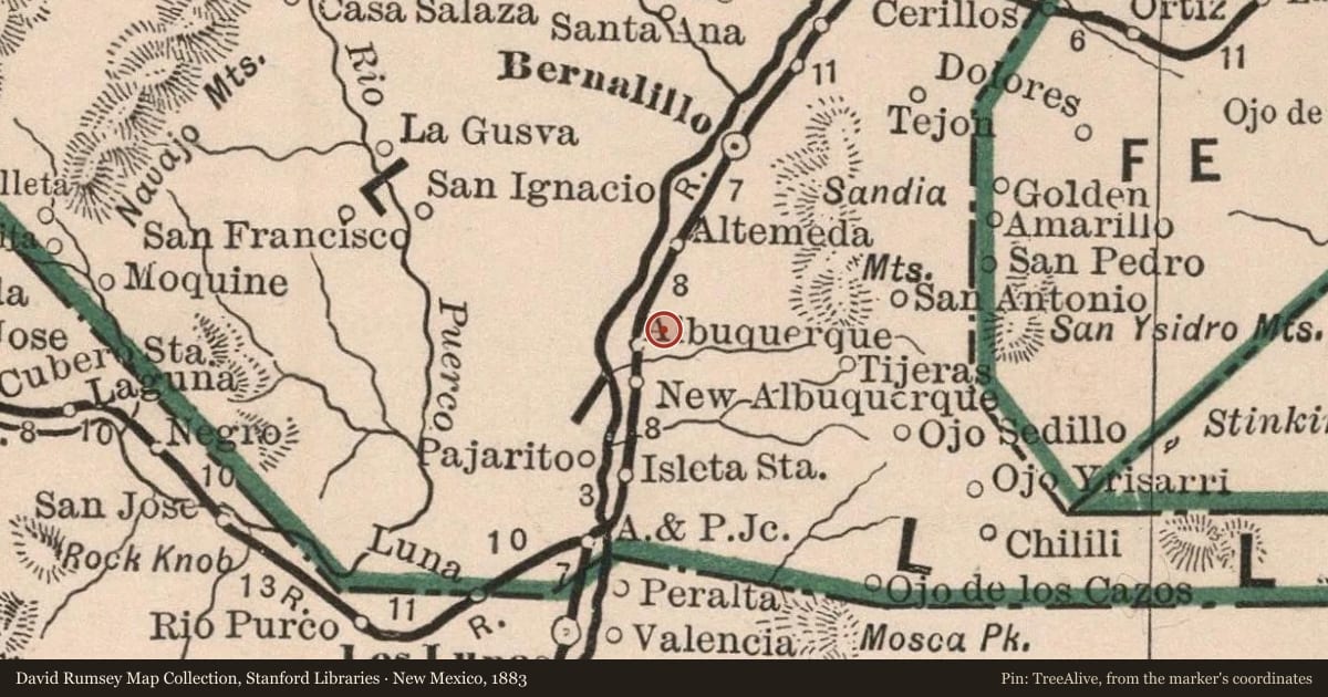 New Mexico, 1883, covering the location of Harvey Girls and Mary Elizabeth Jane Colter (1869–1958), with a pin at the marker's coordinates