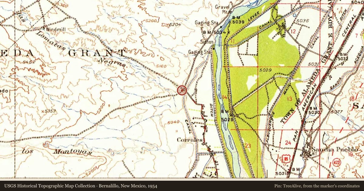 Bernalillo, New Mexico, 1954, covering the location of Dulcelina Salce Curtis (1904−1995), with a pin at the marker's coordinates