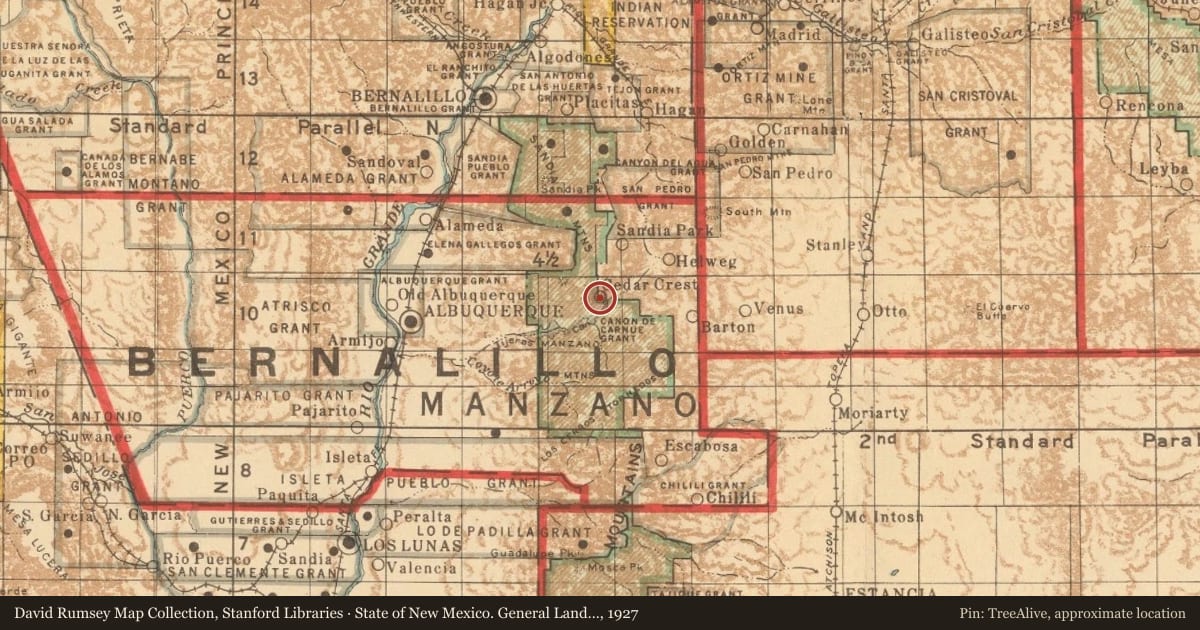 State of New Mexico. General Land Office, 1927, covering the location of Tijeras Canyon, with a pin at the marker's coordinates