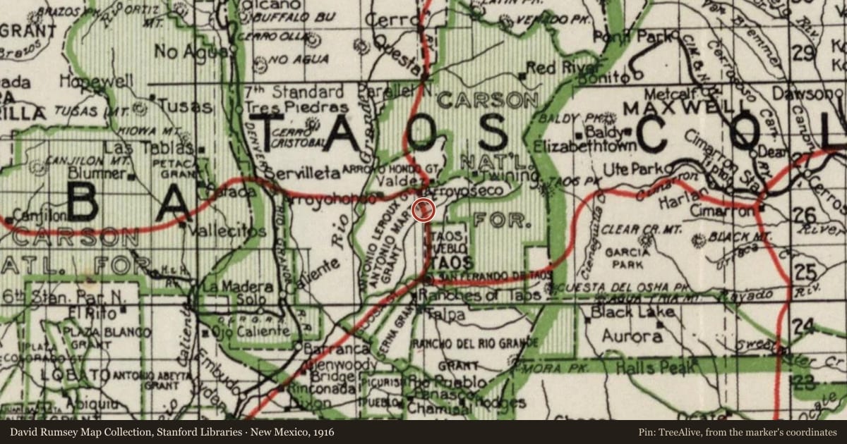 New Mexico, 1916, covering the location of The Three Fates: Mabel Dodge Luhan (1879–1962), Frieda Lawrence (1879–1956), Dorothy Eugénie Brett (1883–1977), with a pin at the marker's coordinates