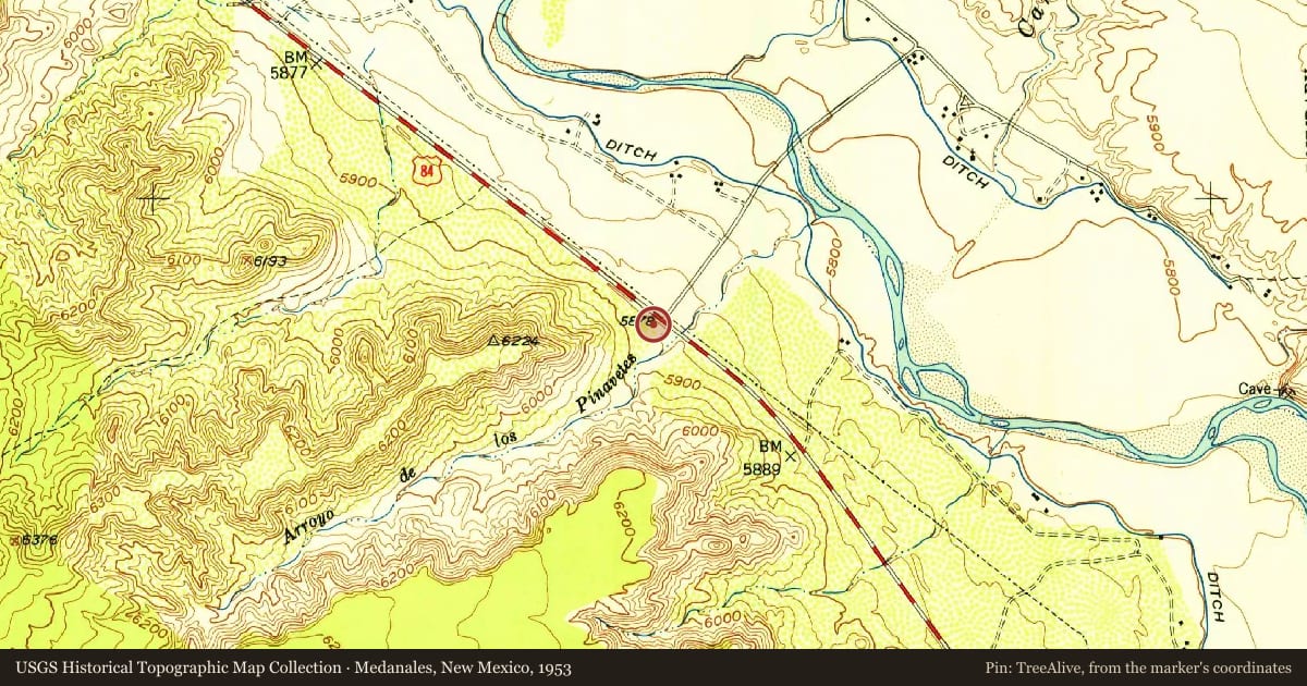 Medanales, New Mexico, 1953, covering the location of Agueda S. Martinez (1898–2000), with a pin at the marker's coordinates