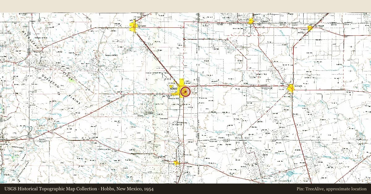 Hobbs, New Mexico, 1954, covering the location of Hobbs Discovery Well, with a pin at the marker's coordinates
