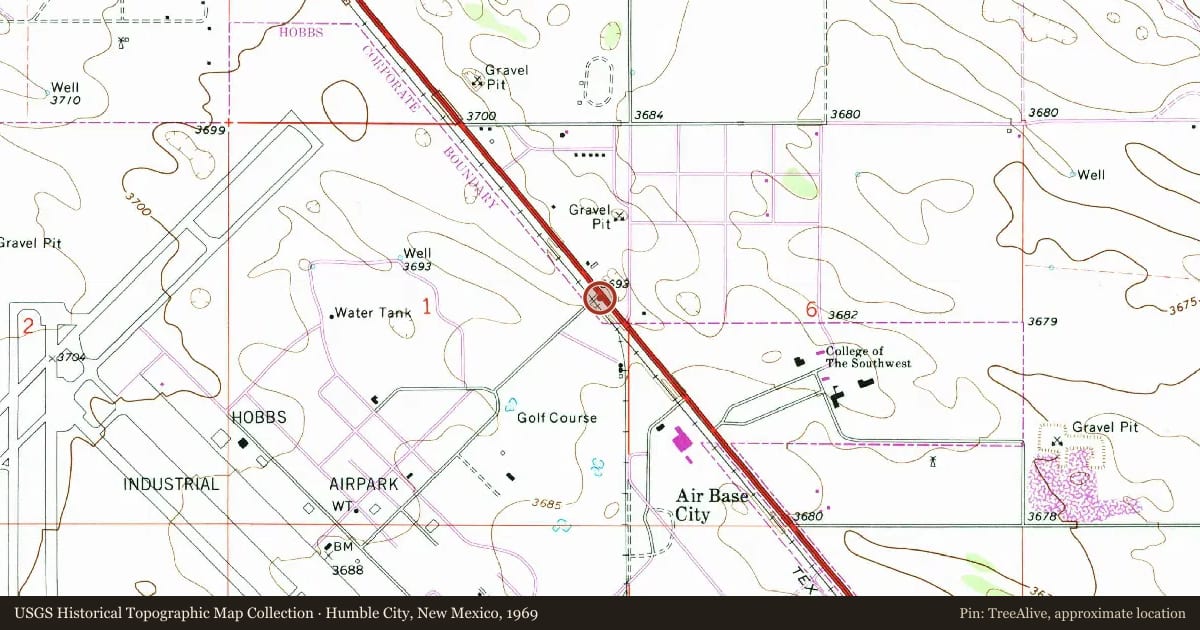 Humble City, New Mexico, 1969, covering the location of Hobbs Army Air Field, with a pin at the marker's coordinates