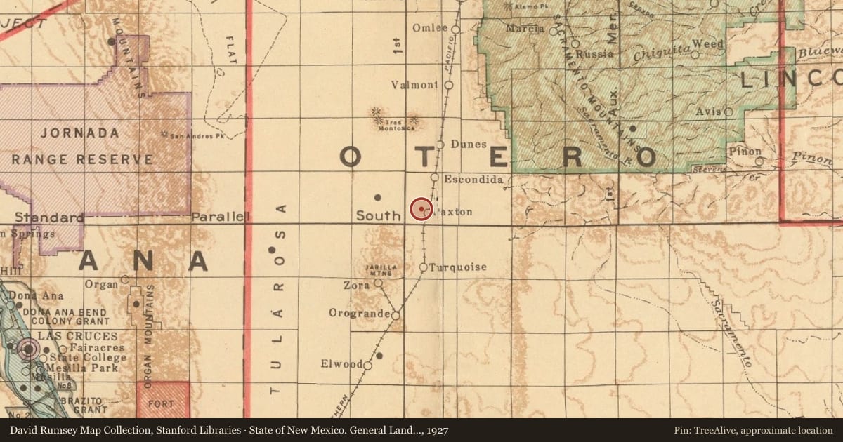 State of New Mexico. General Land Office, 1927, covering the location of John Prather "Mule King", with a pin at the marker's coordinates