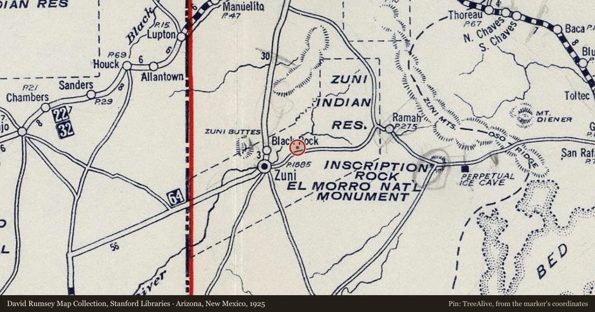 Arizona, New Mexico, 1925, covering the location of Zuni Olla Maidens, with a pin at the marker's coordinates