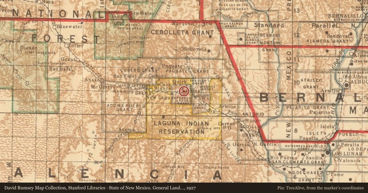 State of New Mexico. General Land Office, 1927, covering the location of Susie Rayos Marmon, Ga-wa goo maa, "Early Riser" (1877–1988), Laguna Pueblo, with a pin at the marker's coordinates