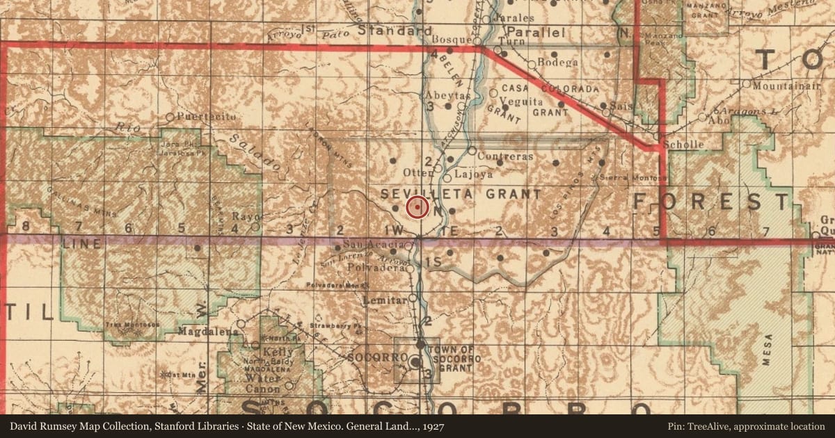 State of New Mexico. General Land Office, 1927, covering the location of Acomilla, with a pin at the marker's coordinates