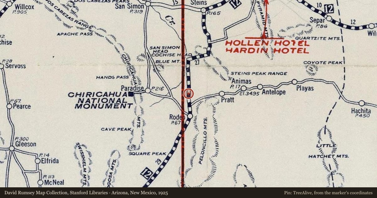 Arizona, New Mexico, 1925, covering the location of Rodeo Intermediate Field-Civil Aeronautics Authority # 57A, with a pin at the marker's coordinates