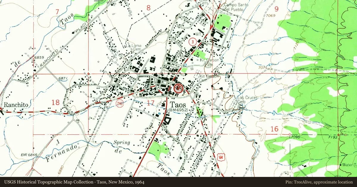Taos, New Mexico, 1964, covering the location of Couse-Sharp Historic Site, with a pin at the marker's coordinates