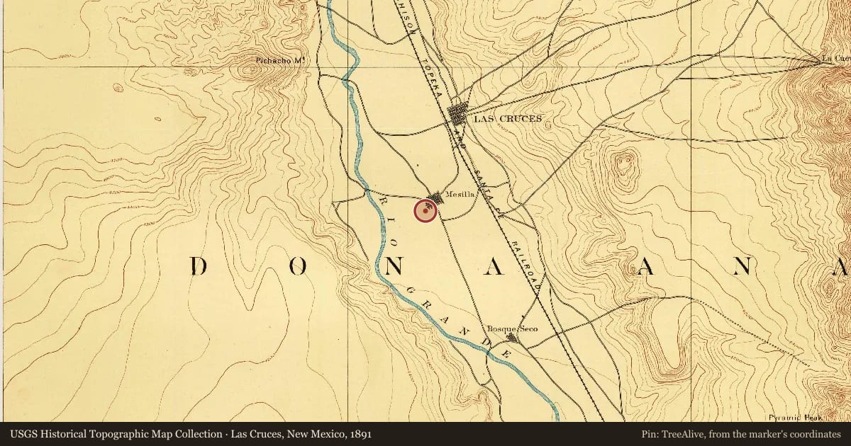 Las Cruces, New Mexico, 1891, covering the location of La Mesilla, with a pin at the marker's coordinates