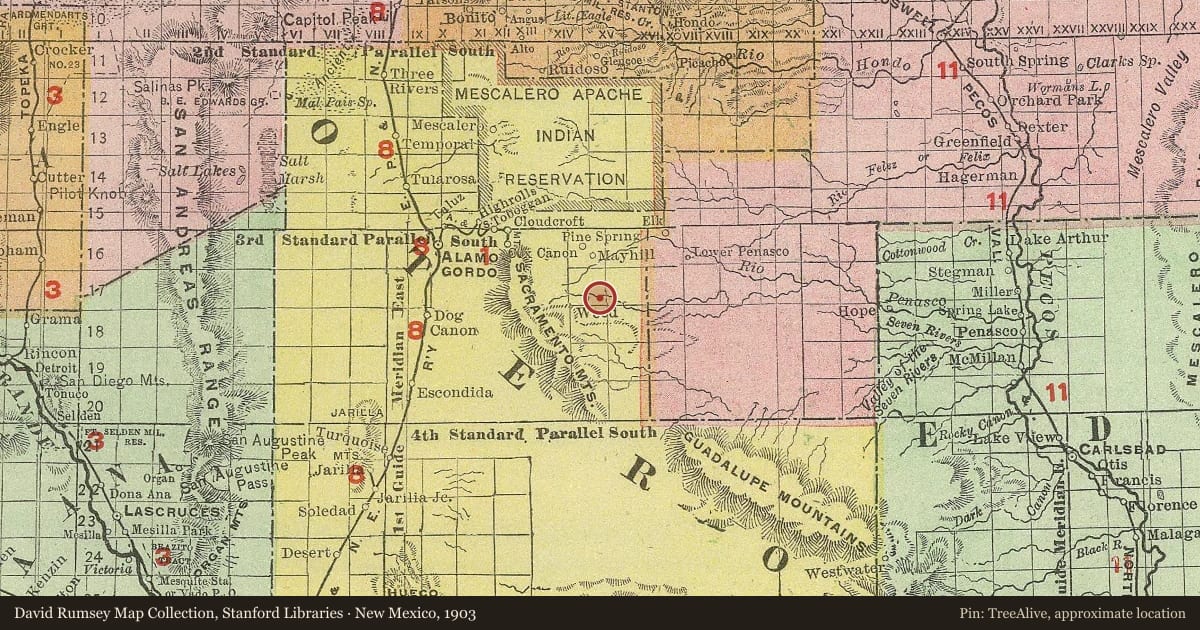 New Mexico, 1903, covering the location of Miss Mac Pioneer Woman (1870–1956), with a pin at the marker's coordinates
