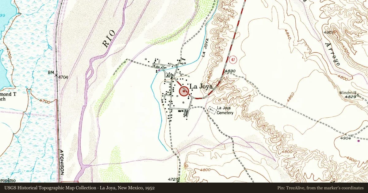 La Joya, New Mexico, 1952, covering the location of La Joya de Sevilleta, with a pin at the marker's coordinates