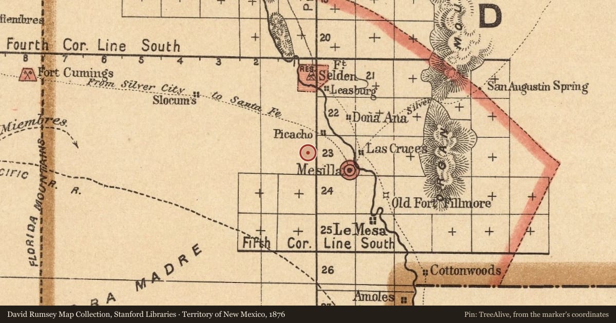 Territory of New Mexico, 1876, covering the location of Butterfield Trail, with a pin at the marker's coordinates