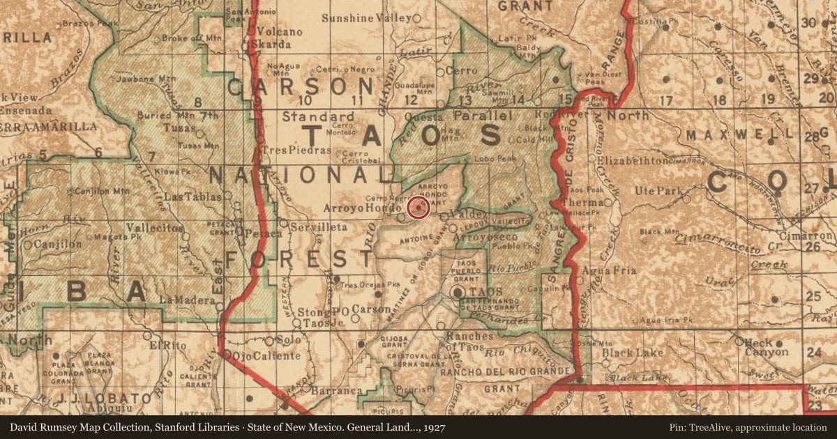 State of New Mexico. General Land Office, 1927, covering the location of Cleofas Martinez Jaramillo (1878–1956), with a pin at the marker's coordinates