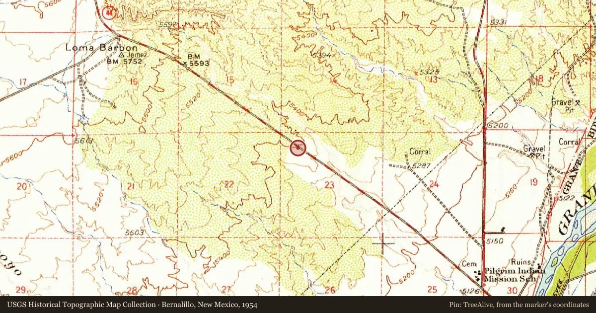 Bernalillo, New Mexico, 1954, covering the location of Bernalillo on the Camino Real, with a pin at the marker's coordinates