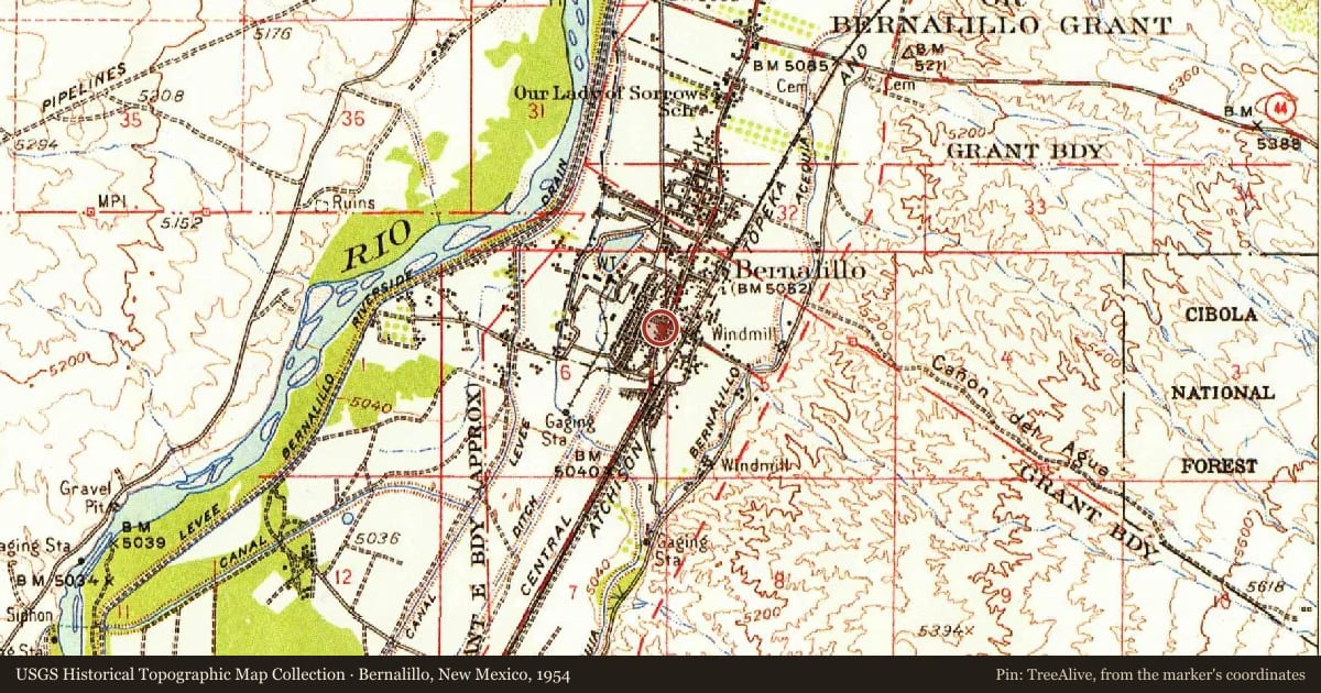 Bernalillo, New Mexico, 1954, covering the location of Bernalillo, with a pin at the marker's coordinates