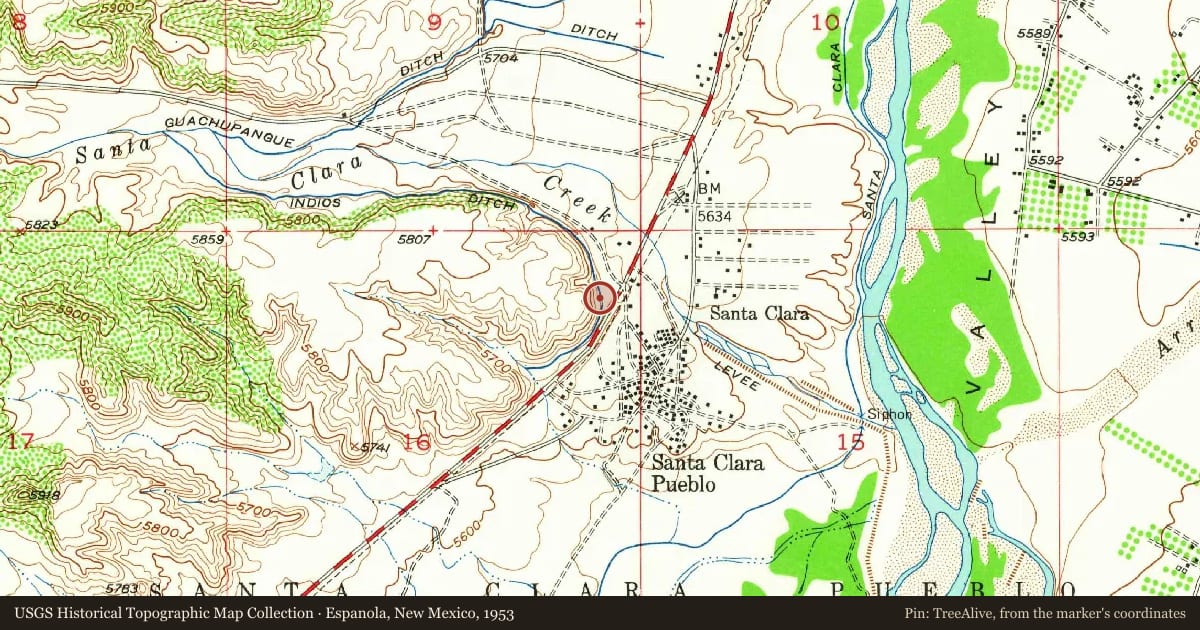 Espanola, New Mexico, 1953, covering the location of Pueblo of Santa Clara, with a pin at the marker's coordinates