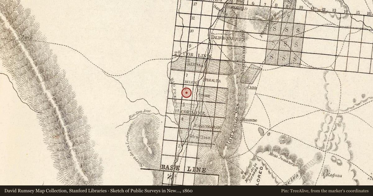 Sketch of Public Surveys in New Mexico 1860, 1860, covering the location of Peralta, with a pin at the marker's coordinates