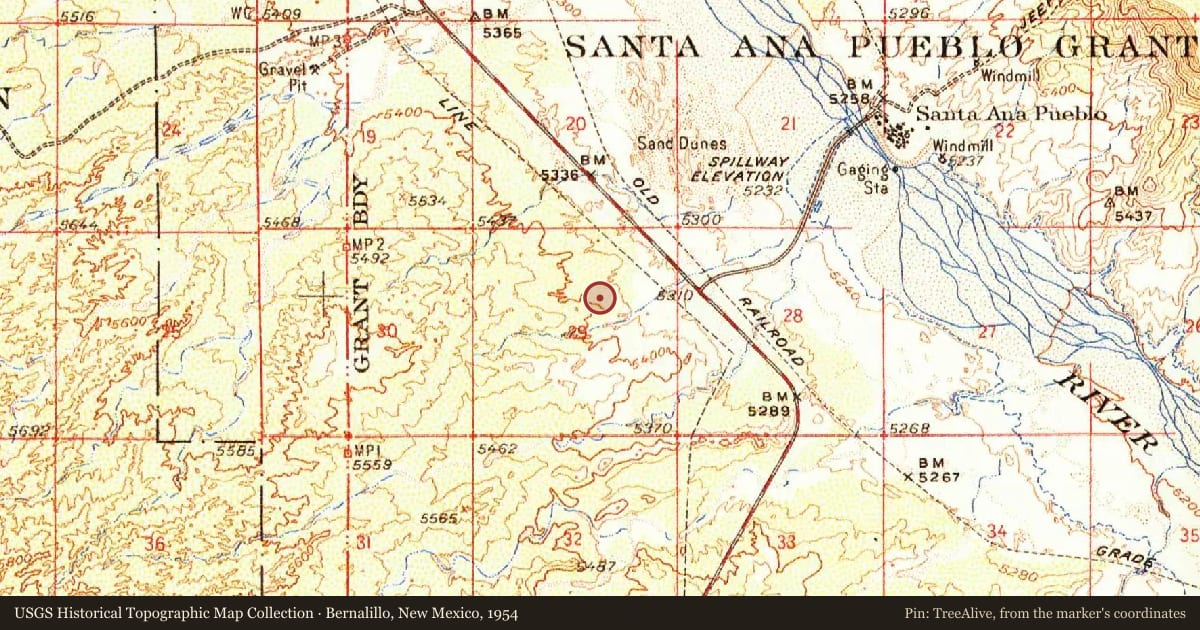 Bernalillo, New Mexico, 1954, covering the location of Pueblo of Santa Ana, with a pin at the marker's coordinates